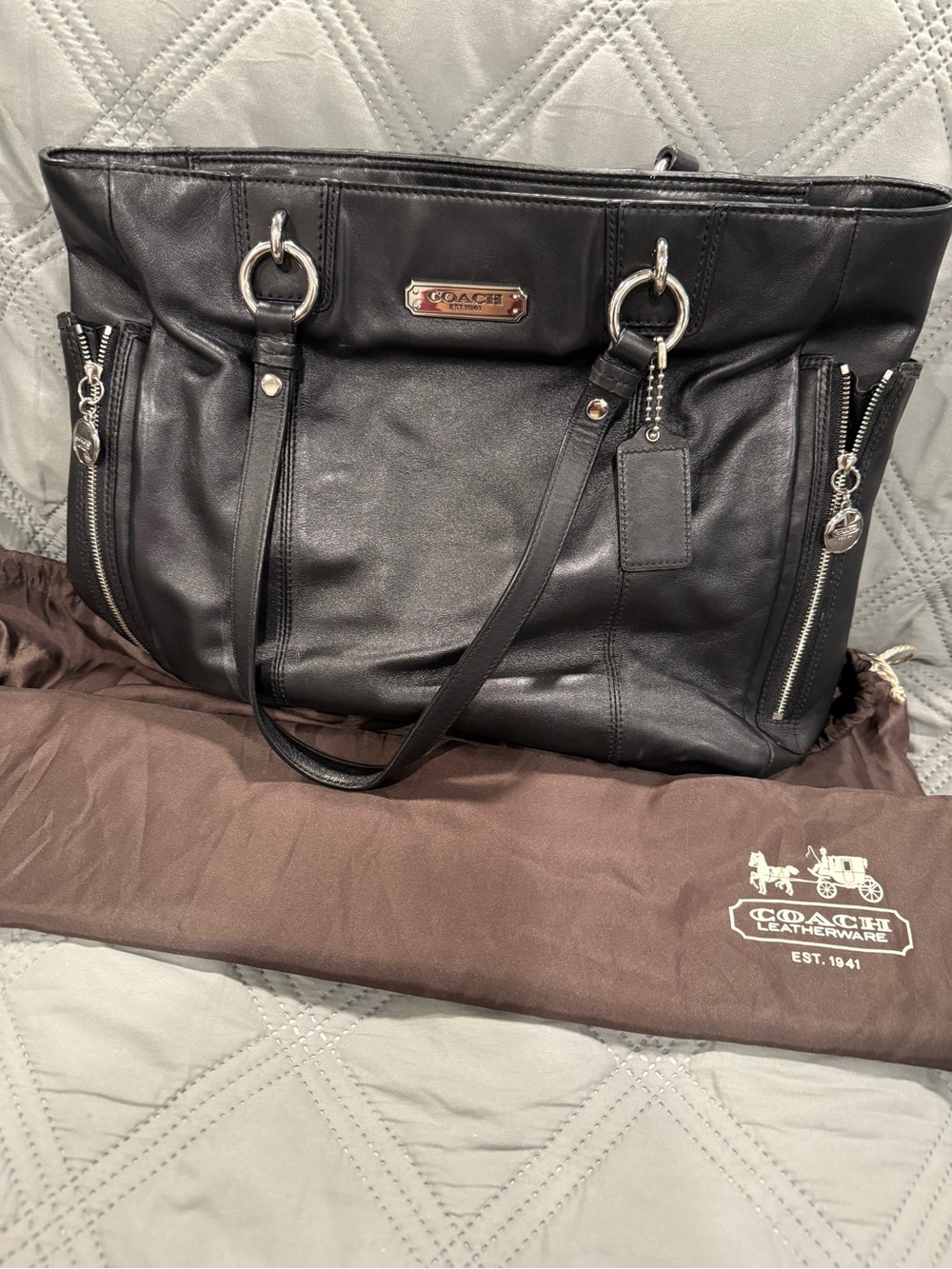 Coach Black Leather Shoulder Tote with Zip Accent Hardware